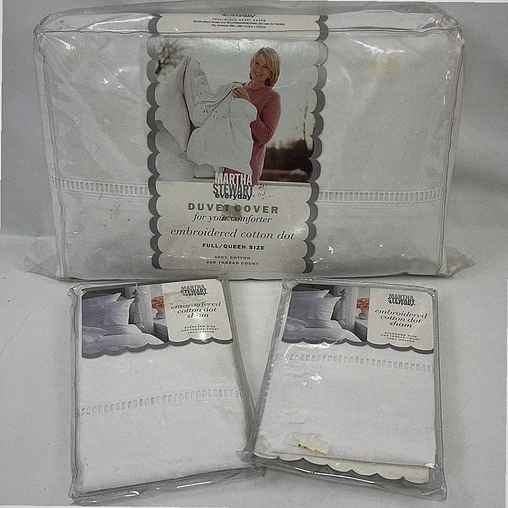 1998 Martha Stewart Full Queen Duvet Cover & Shams Embroidered Cotton Dots 9904