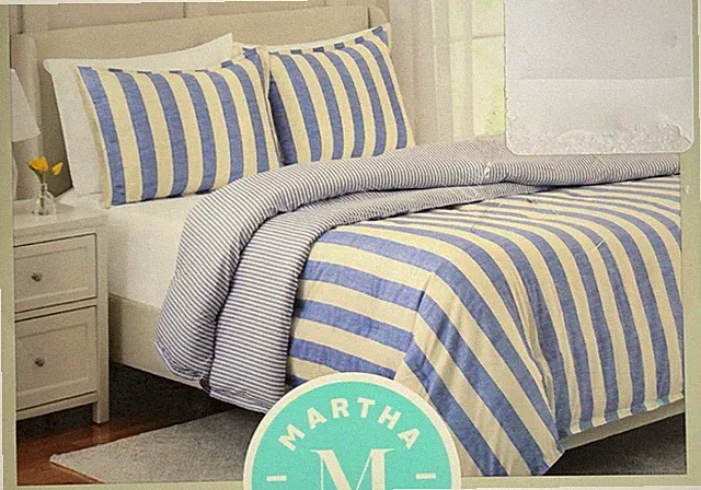3-pc Martha Stewart BROAD BLUE WHITE STRIPE Cotton Comforter Set Queen Size Set