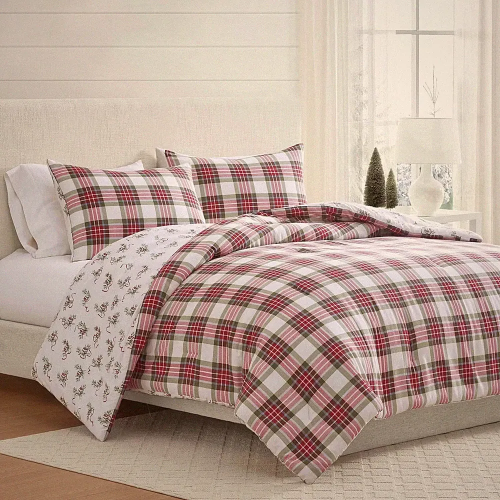 Martha Stewart 3pc Full/Queen Yuletide Spruce Plaid/Holiday Ribbons