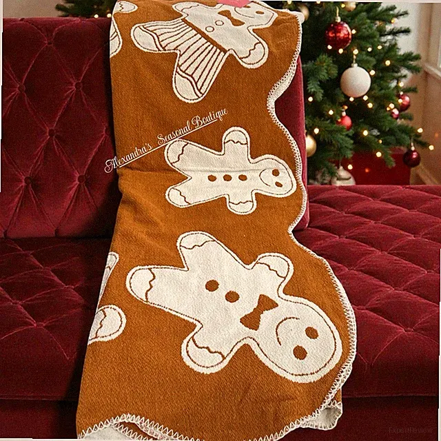 Martha Stewart Christmas Throw Blanket Gingerbread Scalloped Edge Reversible New