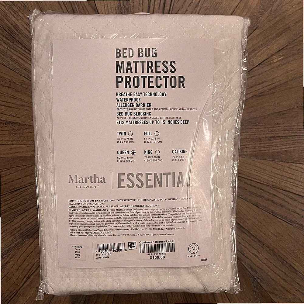Martha Stewart Essentials Bed Bug Mattress Protector QUEEN Waterproof Allergen
