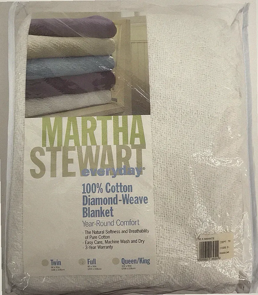 Martha Stewart Everyday 100% Cotton Diamond Weave Blanket WHITE FULL 80x90 NEW