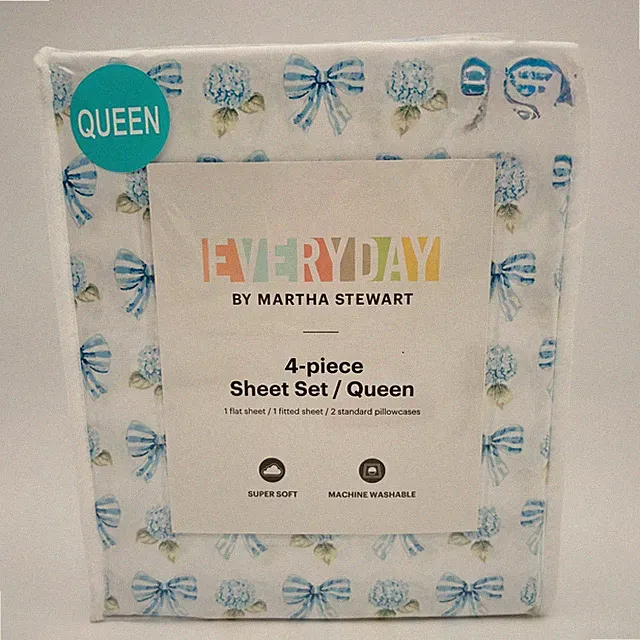 Martha Stewart Everyday Queen 4 Piece Sheet Set Donna Bow Blue Hydrangea Floral