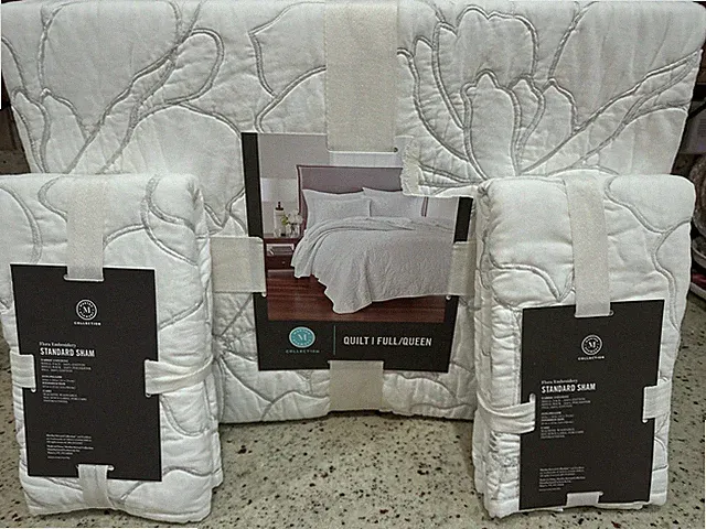 MARTHA STEWART FLORA EMBROIDERY 3pc F/QUEEN QUILT/SHAM SET WHITE NIP BEAUTIFUL