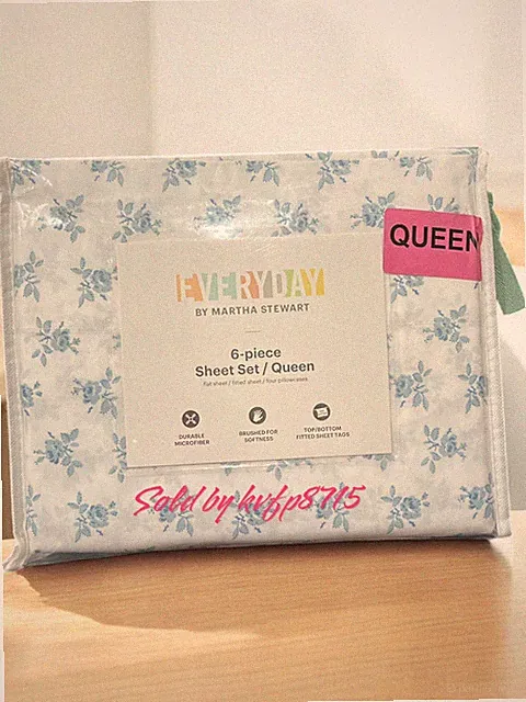 Martha Stewart Floral Everyday 6 Pc Queen Bed Sheet Set New Elegant Blue Flowers