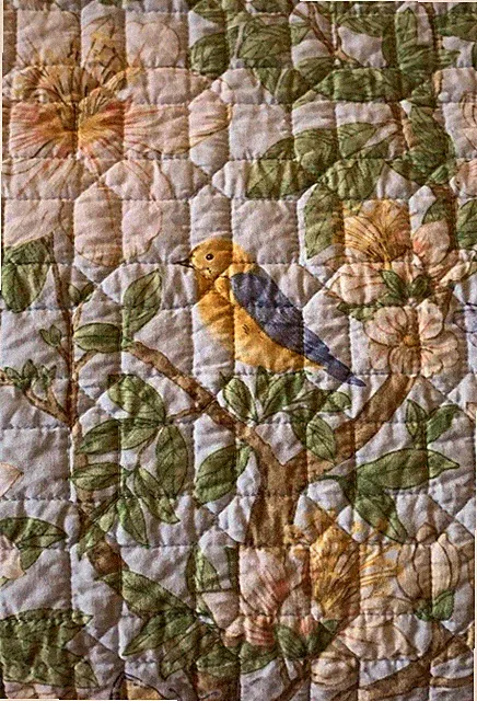 Martha Stewart Full Queen Quilt Set Blue Floral Birds 3 Pc