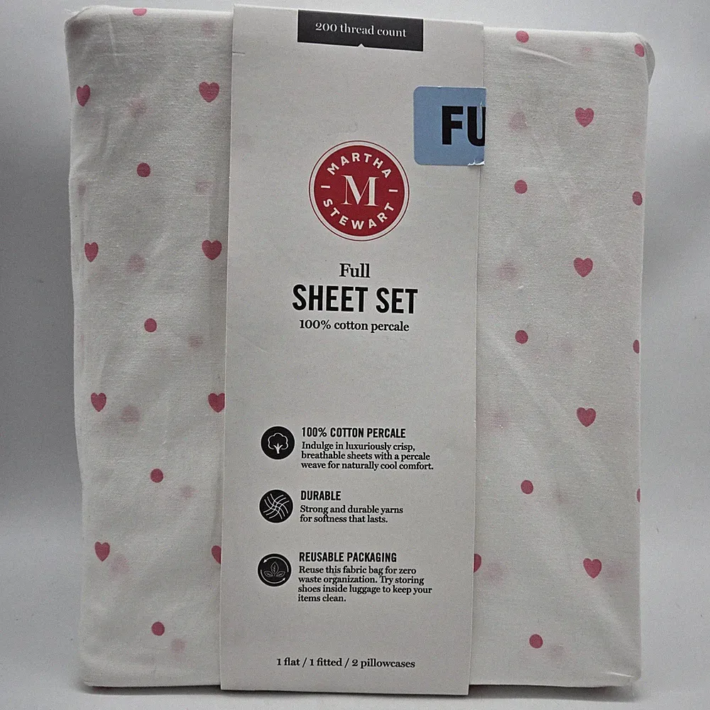 Martha Stewart Full Size Sheet Set Pink on White Hearts Polka Dots 100% Cotton