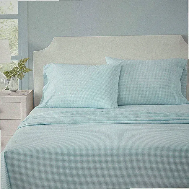 Martha Stewart Full Size Sheets Set Cotton Percale Gingham Blue Cooling Bed Shee