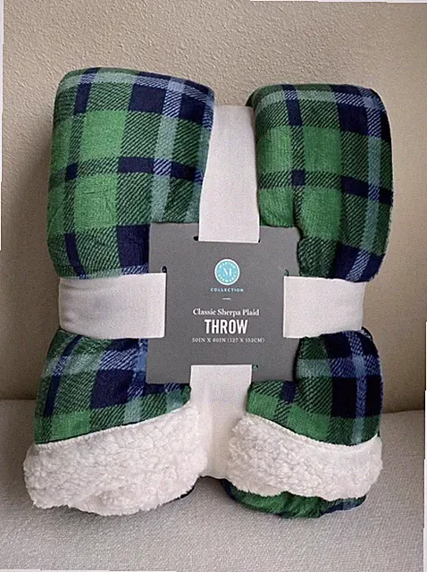 Martha Stewart Green & Navy Plaid Classic Sherpa Throw, 50” x 60”