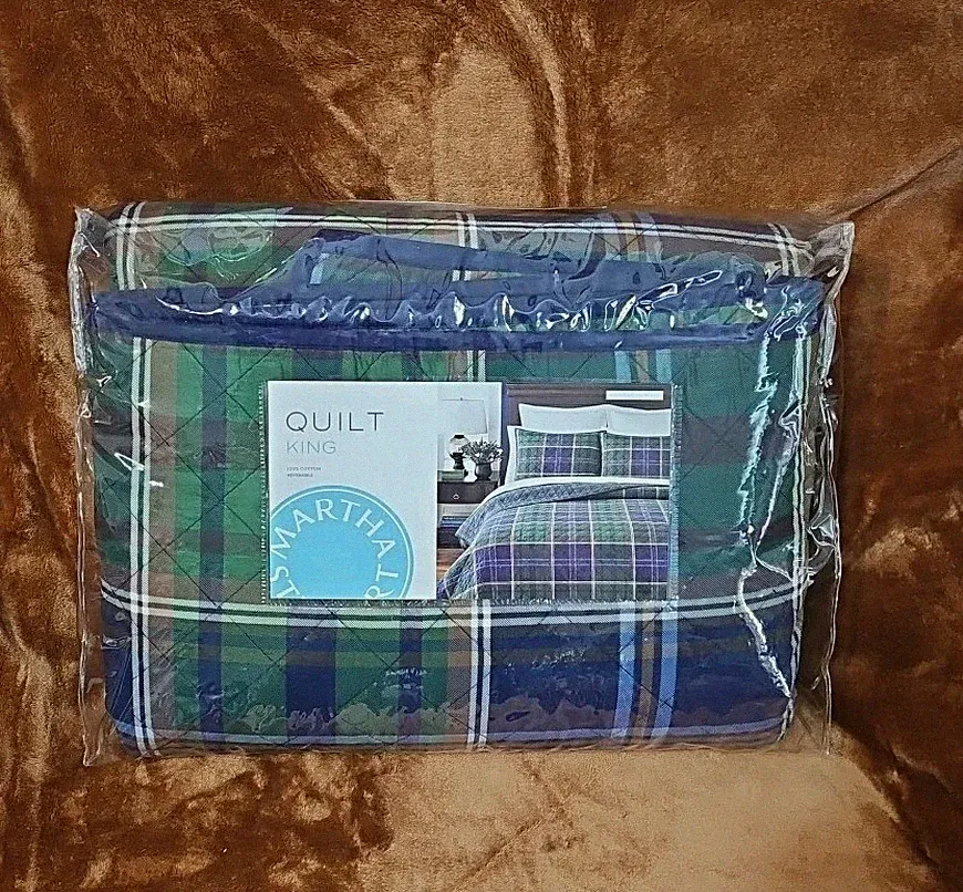 Martha Stewart King 3pc Rhinebeck Plaid Reversible Quilt Bedding Set Cotton NOS
