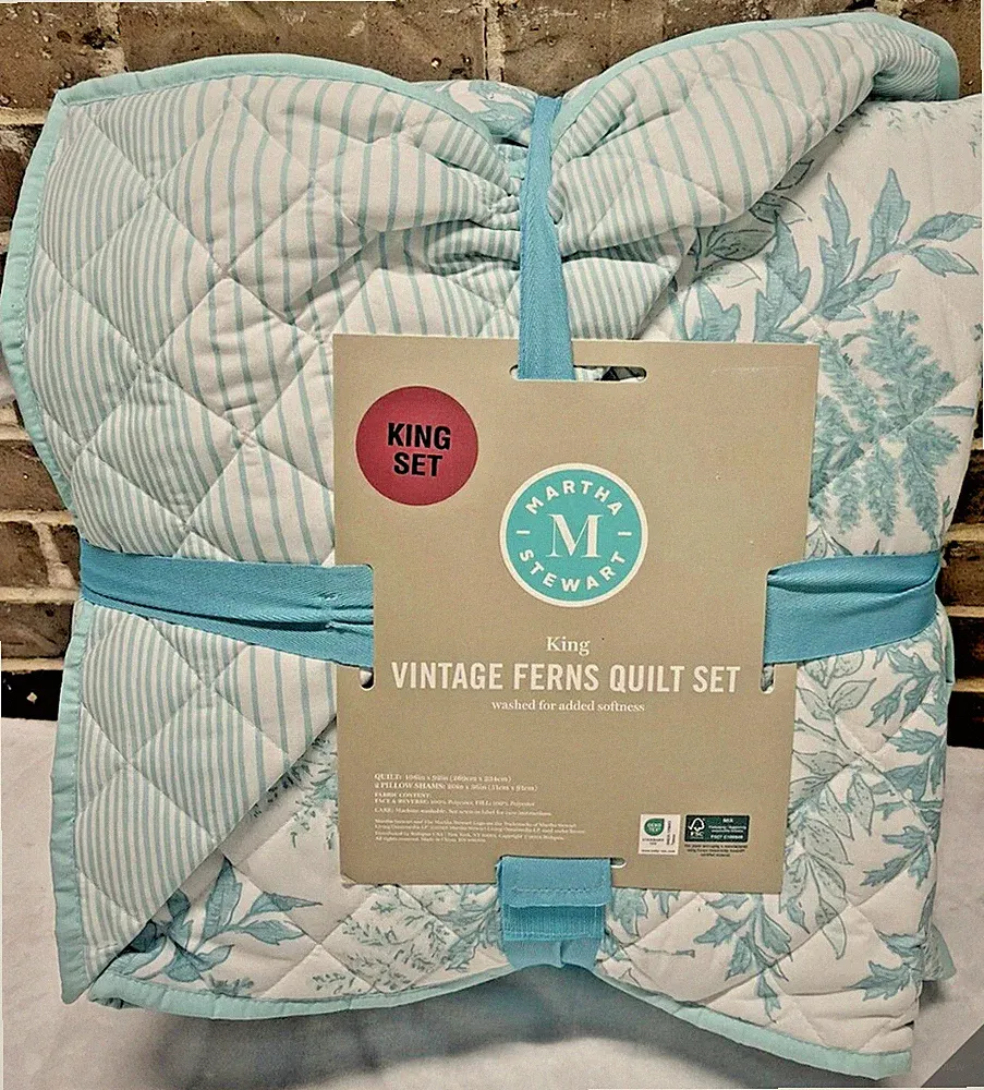 Martha Stewart Vintage Ferns Teal Blue Reverse Quilt + Shams 3pc Set KING New