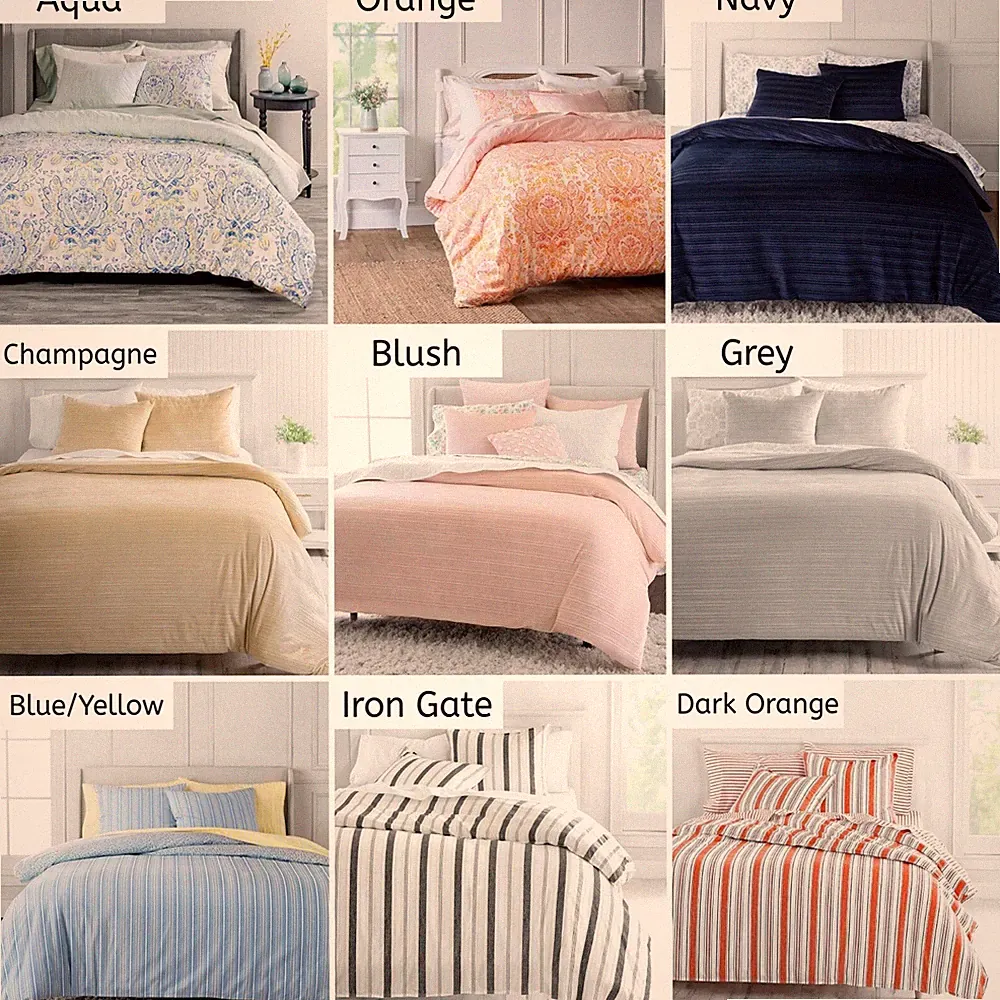 MARTHA STEWART Yasmin, Solid, Striped Duvet Set 3pc Cover & Shams Cotton/Blend