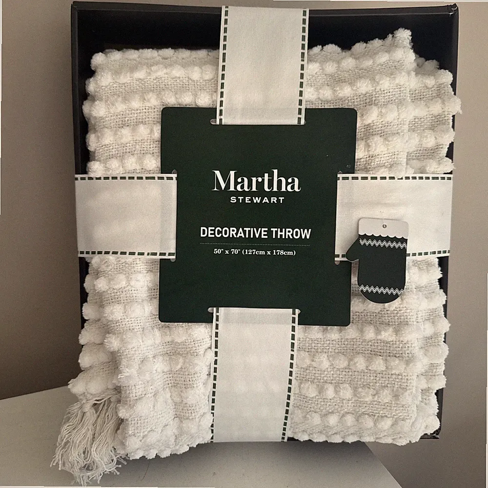New Box Martha Stewart Pom Pom Throw Blanket Ivory White 50x70 Polyester Cotton