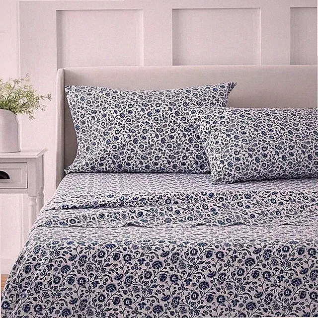 NEW Martha Stewart Bleach Master 4-piece Sheet Set Queen Dark Blue Floral