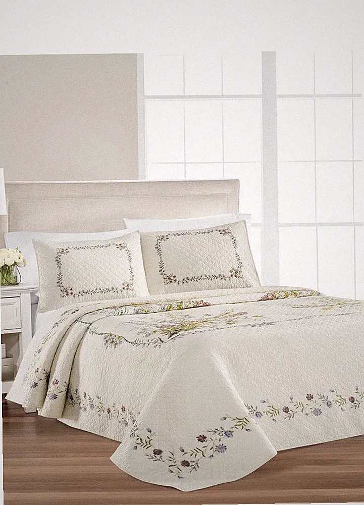 NIP Martha Stewart Floral Bouquet Floor Length Queen Bedspread & Shams Set 3pc