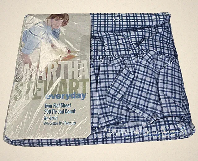 NIP Martha Stewart Twin Flat Sheet Blue Gingham Indigo Check 200 count Ruffled