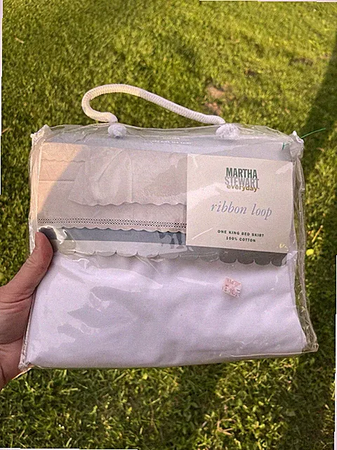 Vintage Martha Stewart Everyday Ribbon Loop White King Bedskirt Cotton Natural