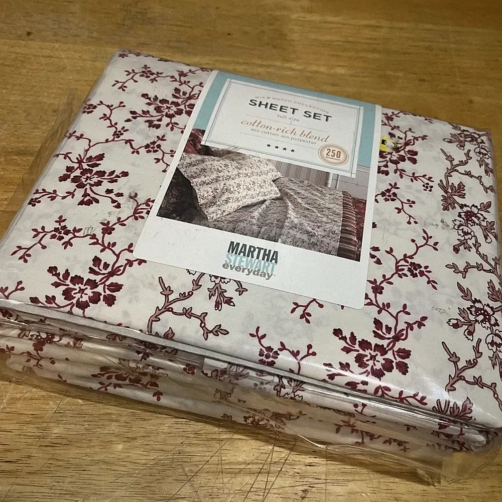 Vtg Martha Stewart Everyday Peony Blooms Red Floral Full Sheet Set Country
