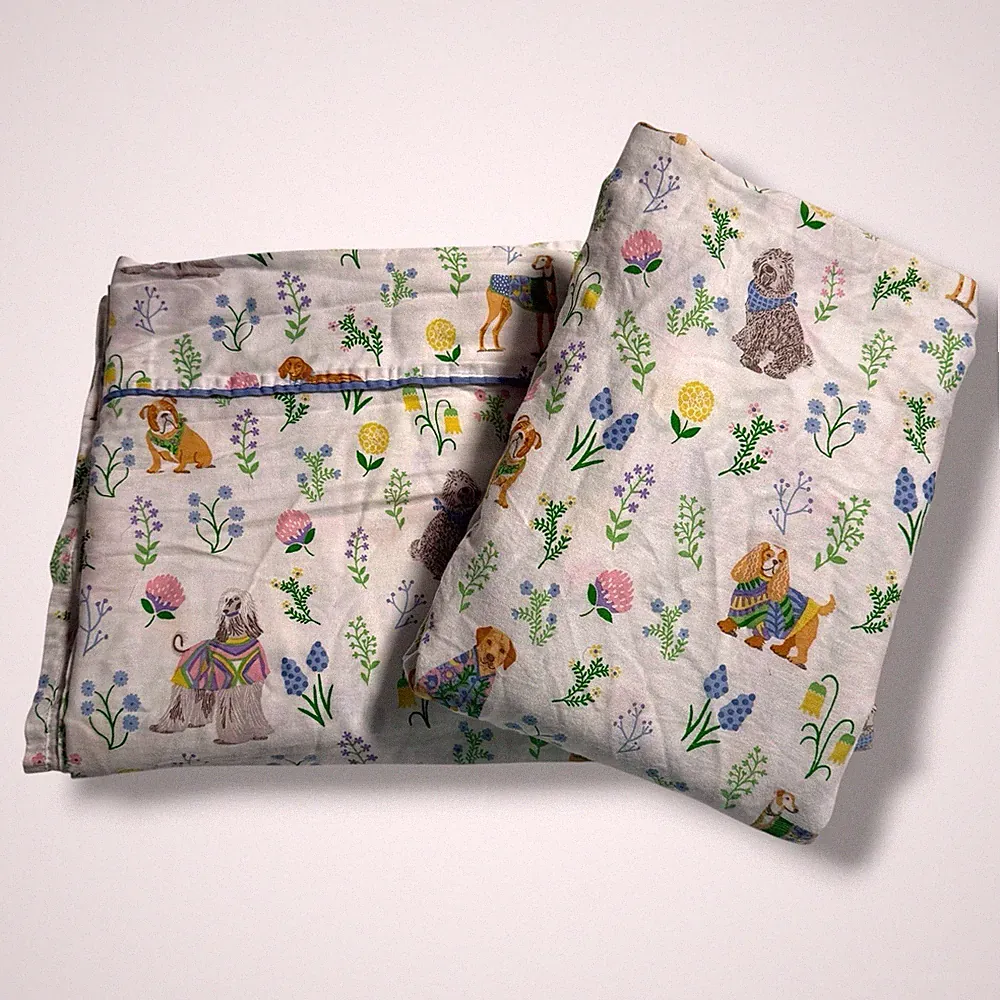 Whim Martha Stewart Bark Park Twin Sheet Set Spring Flowers Floral Dogs Sheets